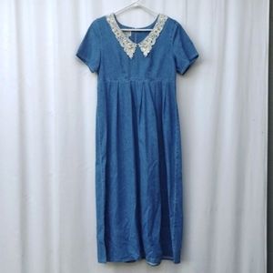 Vintage 80s Pado Denim Maxi Dress with Lace Collar Back Zip Women's Medium